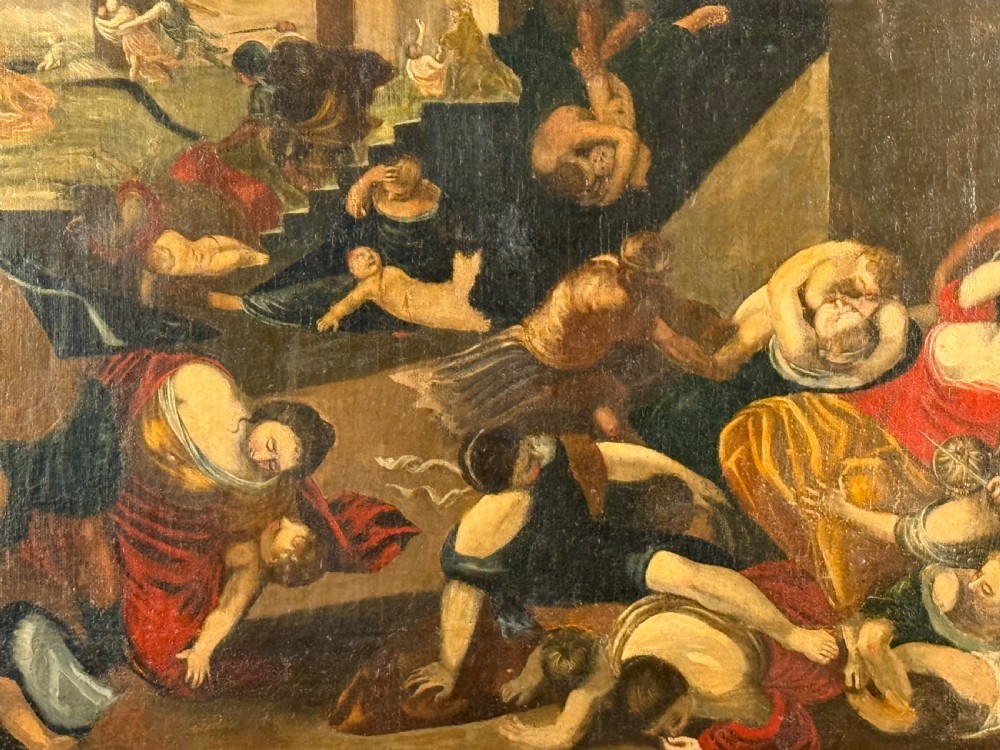 A 17th-century Baroque oil painting depicting the biblical scene of the Massacre of the Innocents set in a dark carved wooden frame. View V