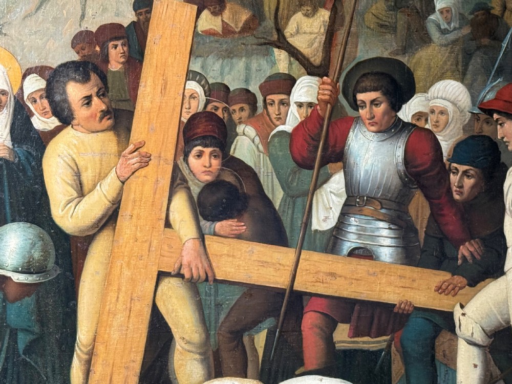 A 19th-century oil painting on canvas depicting Christ falling under the weight of a wooden cross surrounded by a crowd in historical attire. View II