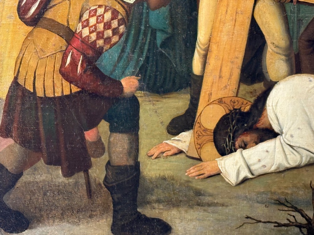 A 19th-century oil painting on canvas depicting Christ falling under the weight of a wooden cross surrounded by a crowd in historical attire. View III