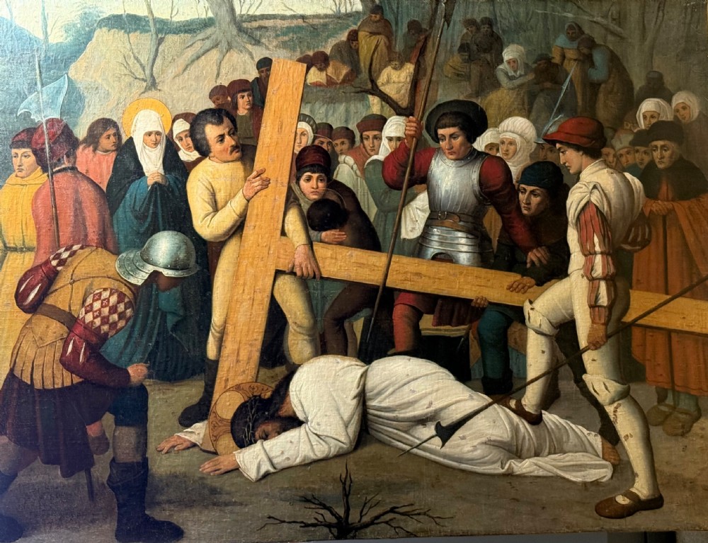 A 19th-century oil painting on canvas depicting Christ falling under the weight of a wooden cross surrounded by a crowd in historical attire. View IV