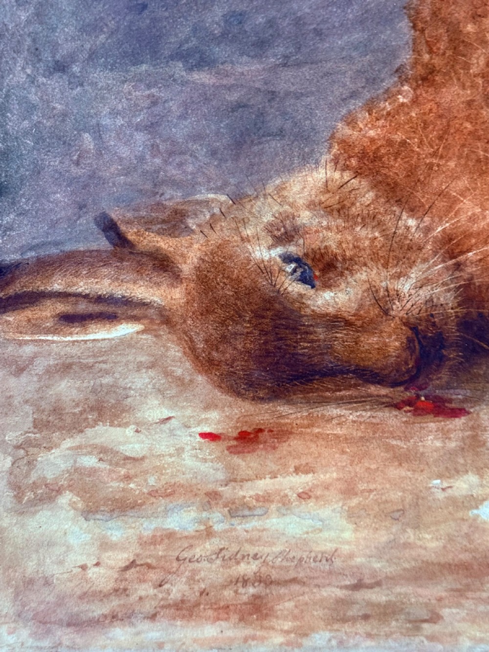 A nineteenth-century watercolour and bodycolour painting depicting a game still life with a hare, pheasant, lapwing, and a shotgun. View II