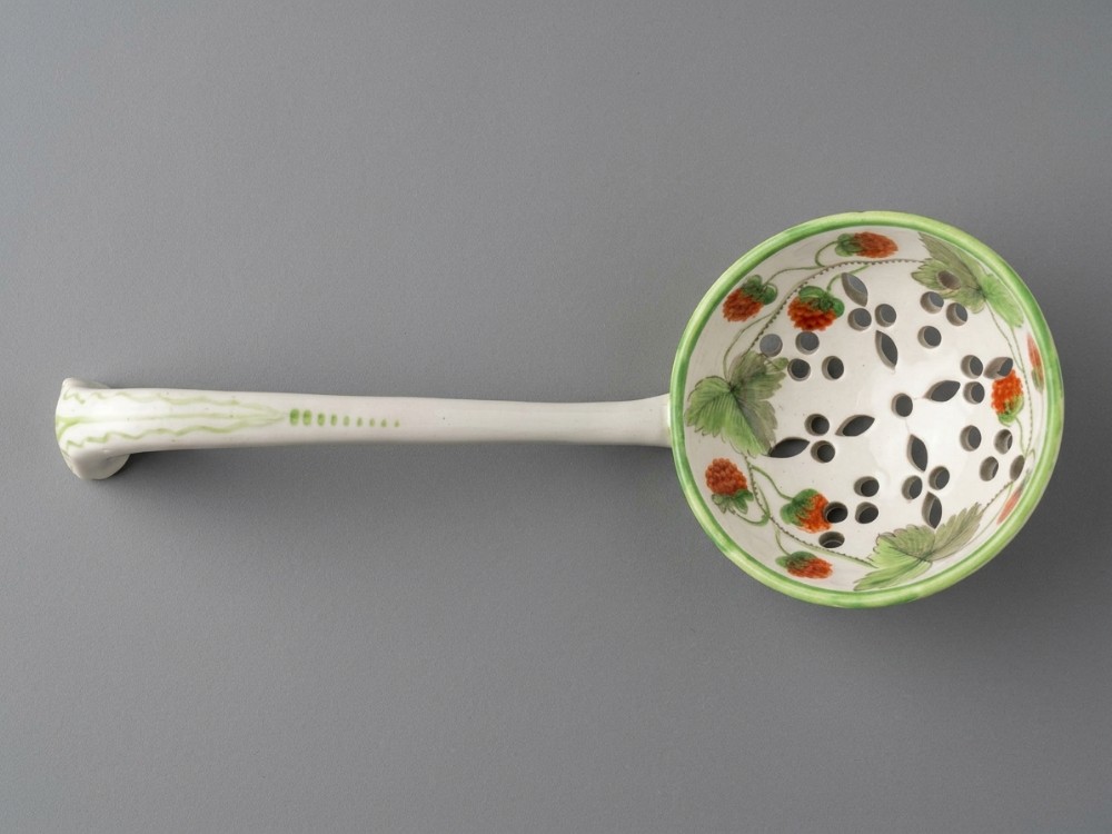 RARE PEARLWARE STRAWBERRY PAINTED SUGAR SIFTER SPOON 
