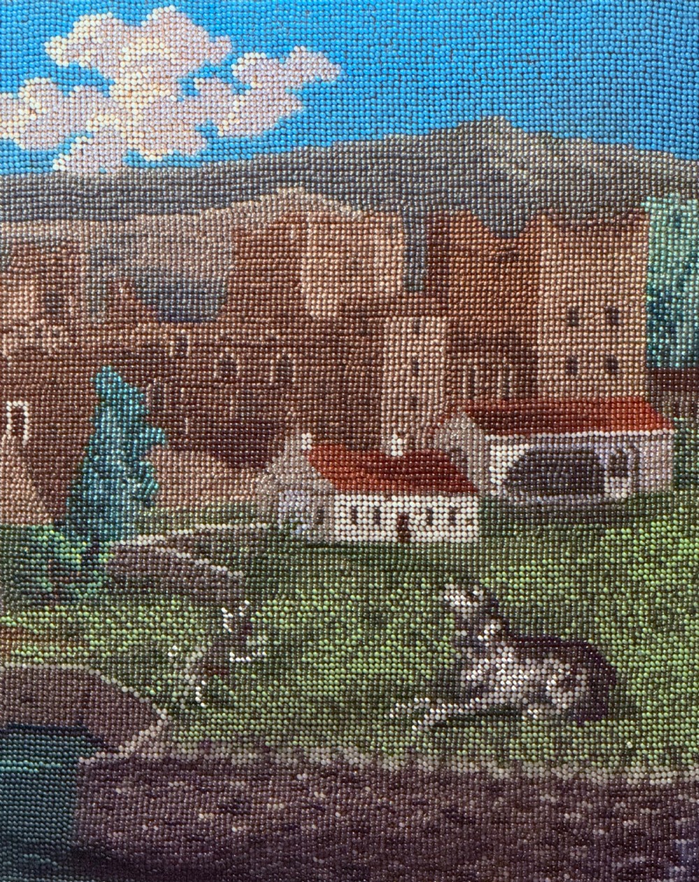 A framed 19th-century beadwork picture depicting Bolton Castle in Yorkshire with embroidered text and dates inside a gilded wooden frame. View II