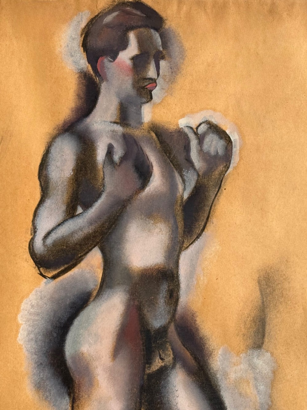 A framed charcoal and white gouache study of a standing male boxer in profile on beige paper within a cream mount and black wooden frame. View VI