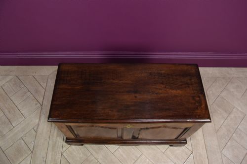 fig 1. An early eighteenth-century dark oak Welsh coffer bach featuring two fielded arch panels, a brass escutcheon, and a shaped apron.