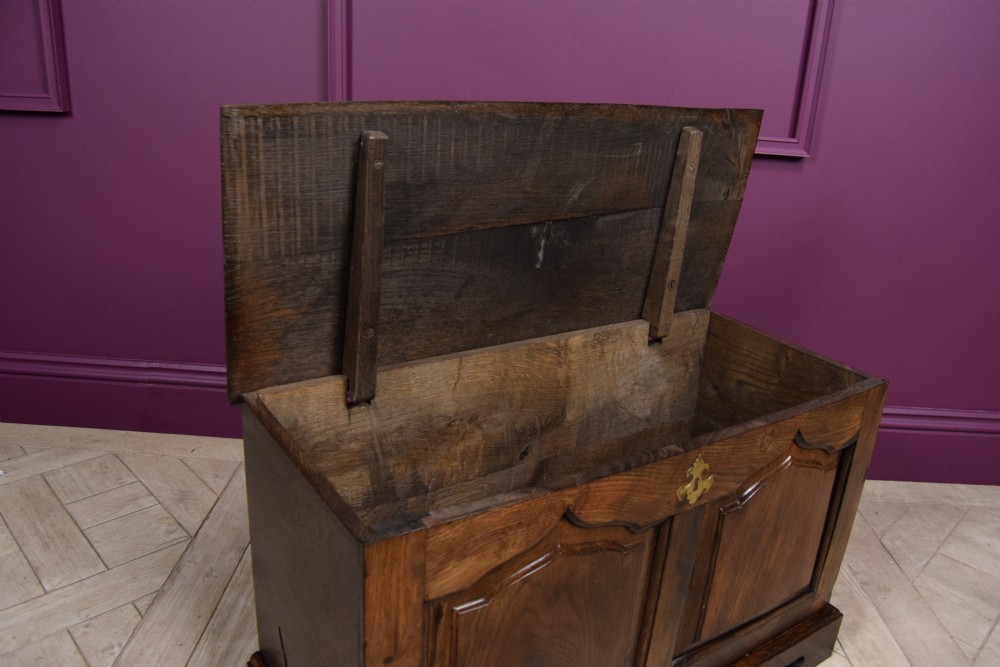 An early eighteenth-century dark oak Welsh coffer bach featuring two fielded arch panels, a brass escutcheon, and a shaped apron. View X