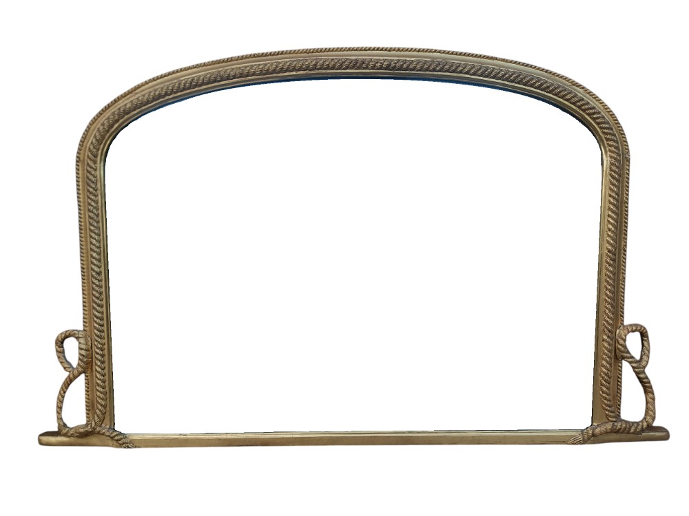 An arched 19th-century gilt overmantel mirror frame with rope twist moulding and knot details at the base corners.