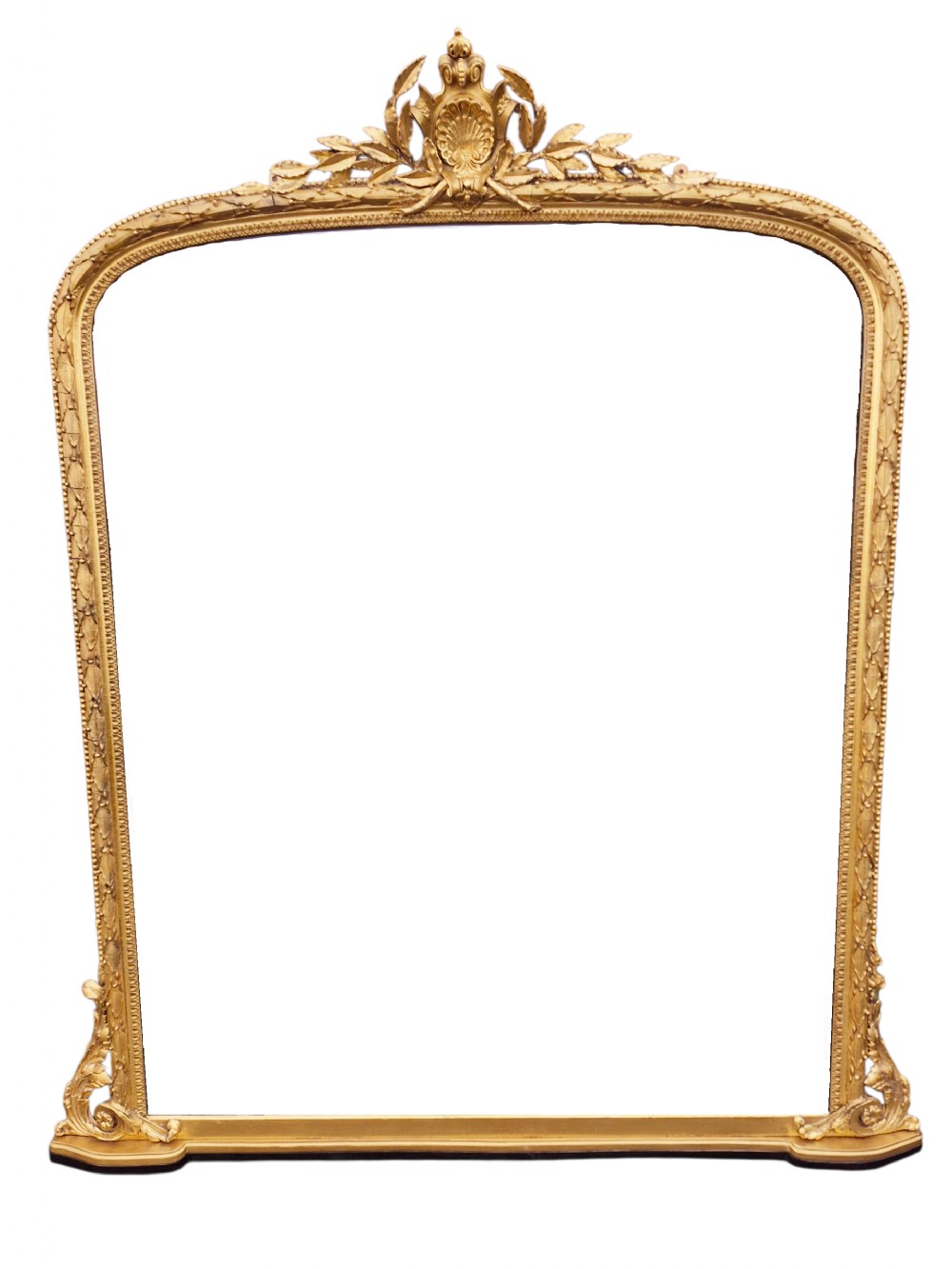 A large 19th-century gold giltwood overmantel mirror featuring an arched top with a carved central shell crest.