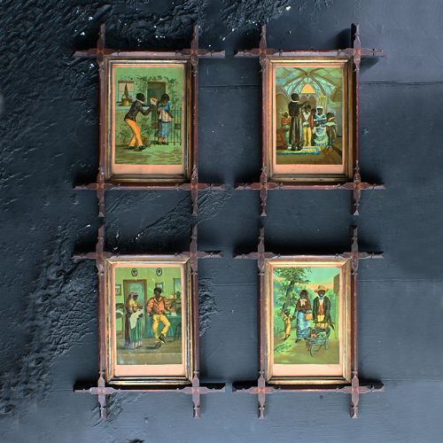 fig 1. A set of four 19th-century colour lithographs featuring narrative figures housed in matching carved dark wood cross-corner frames.