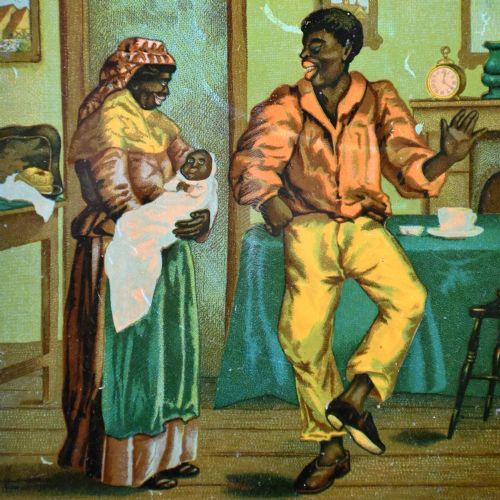 fig 2. A set of four 19th-century colour lithographs featuring narrative figures housed in matching carved dark wood cross-corner frames.