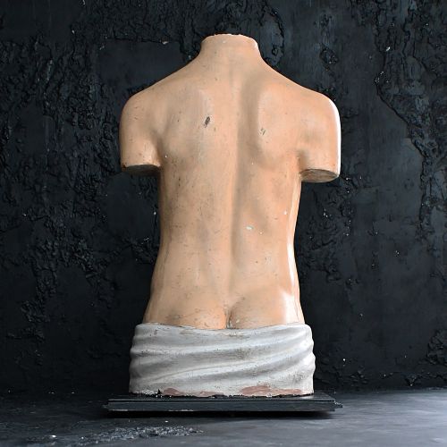 fig 1. An early 20th-century hand-painted plaster anatomical torso model demonstrating exposed internal organs and muscles on a black wooden base.