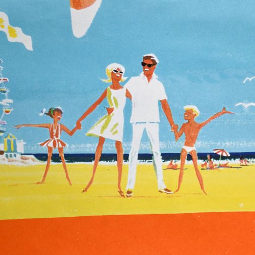 fig 2. A vintage promotional lithograph poster for Coney Beach in Porthcawl, depicting a woman riding a decorated carousel horse against a bright orange and blue background.