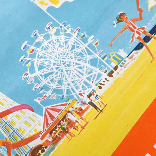 fig 3. A vintage promotional lithograph poster for Coney Beach in Porthcawl, depicting a woman riding a decorated carousel horse against a bright orange and blue background.