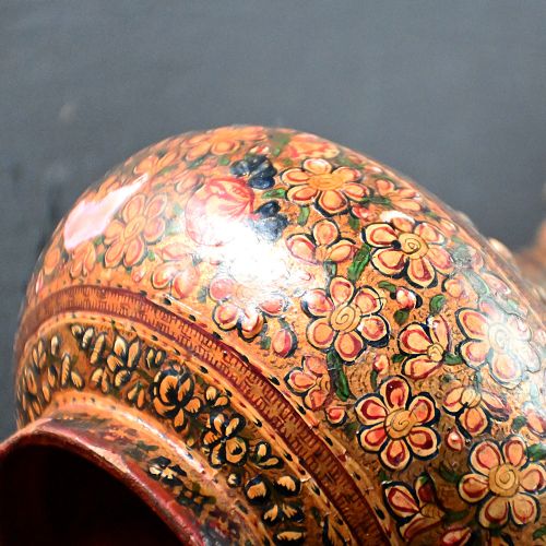 fig 1. A tall 19th-century Kashmiri vessel featuring an elongated neck, bulbous base, and intricate hand-painted floral lacquer patterns across the surface.