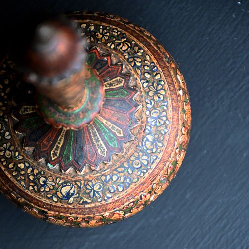 fig 2. A tall 19th-century Kashmiri vessel featuring an elongated neck, bulbous base, and intricate hand-painted floral lacquer patterns across the surface.