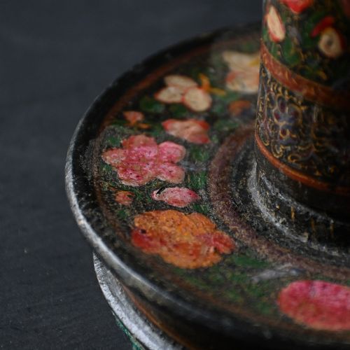 fig 3. An early 20th-century hand-painted Kashmiri table lamp base featuring dark lacquer with red and gold floral motifs and a brass fitting.