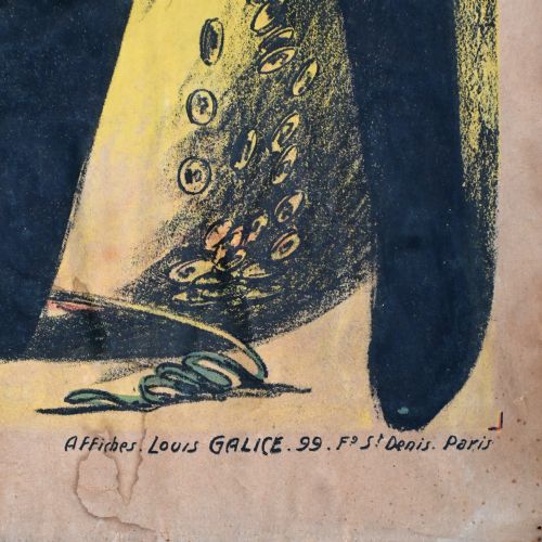 fig 3. A nineteenth-century French theatrical poster printed on canvas depicting a magician in a black tuxedo pulling a rabbit from a top hat alongside flags and stage props.