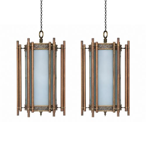 Monumental Pair of American Art Deco Hanging Lanterns. Circa 1920