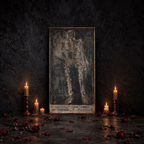 fig 1. An early nineteenth-century Italian oil painting depicting a full-length skeleton on a distressed dark background with an Italian inscription at the base.