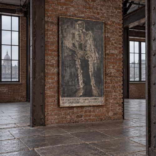 fig 2. An early nineteenth-century Italian oil painting depicting a full-length skeleton on a distressed dark background with an Italian inscription at the base.