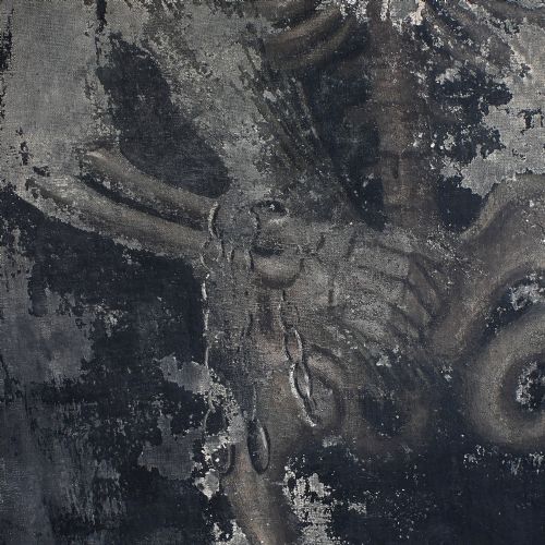 fig 4. An early nineteenth-century Italian oil painting depicting a full-length skeleton on a distressed dark background with an Italian inscription at the base.