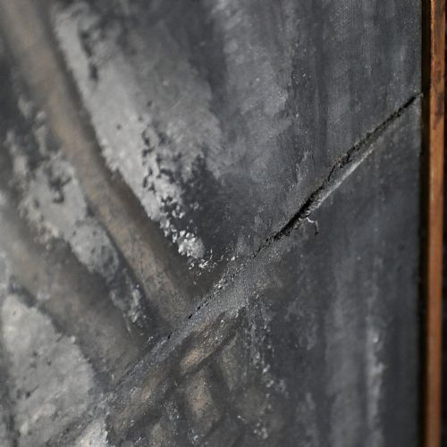 fig 5. An early nineteenth-century Italian oil painting depicting a full-length skeleton on a distressed dark background with an Italian inscription at the base.