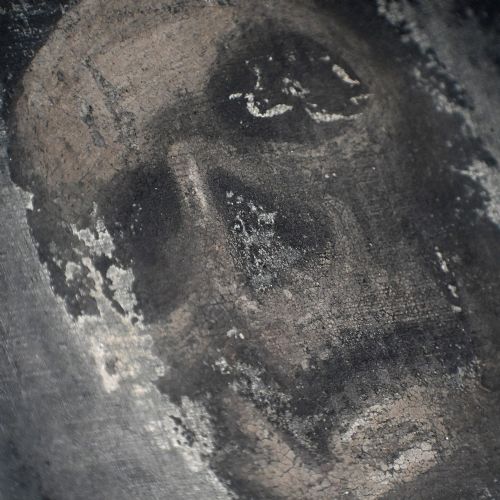 fig 6. An early nineteenth-century Italian oil painting depicting a full-length skeleton on a distressed dark background with an Italian inscription at the base.