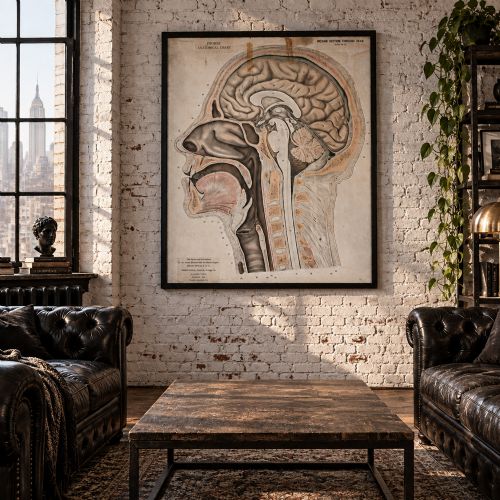 fig 2. A framed early twentieth-century anatomical illustration depicting a cross-section of the human head with numbered scientific labels.