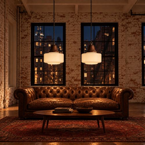 fig 2. A matched pair of Art Deco pendant lights featuring large white opal glass shades topped with bell-shaped copper galleries and hanging chains.