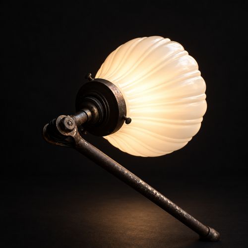 fig 4. An early 20th-century four-arm articulated brass floor lamp with a white frilled glass shade on a heavy circular base.