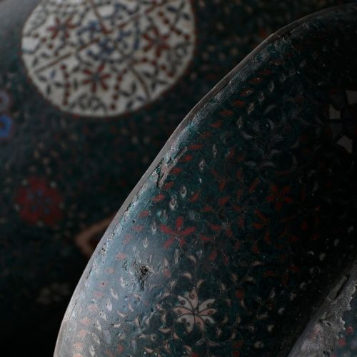 fig 8. A pair of late 19th-century cylindrical dark enamel table lamps decorated with painted horse motifs and beige drum shades.