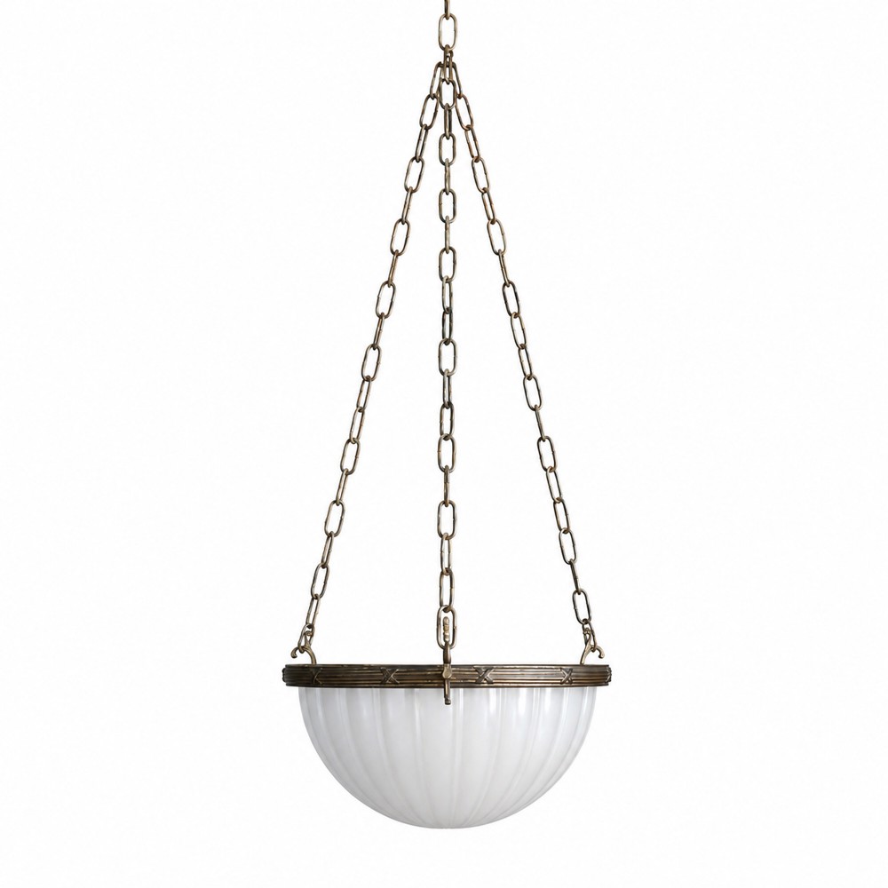 An early 20th-century ribbed white glass bowl pendant light suspended by three brass chains.