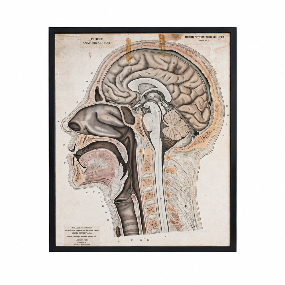A framed early twentieth-century anatomical illustration depicting a cross-section of the human head with numbered scientific labels.