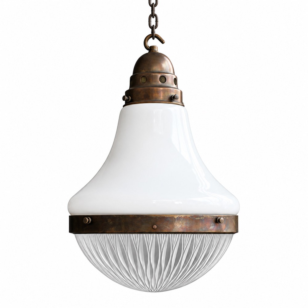 An early 20th-century pendant light featuring a white opal glass upper shade, a patterned clear glass lower diffuser, and patinated brass fittings suspended by a chain.