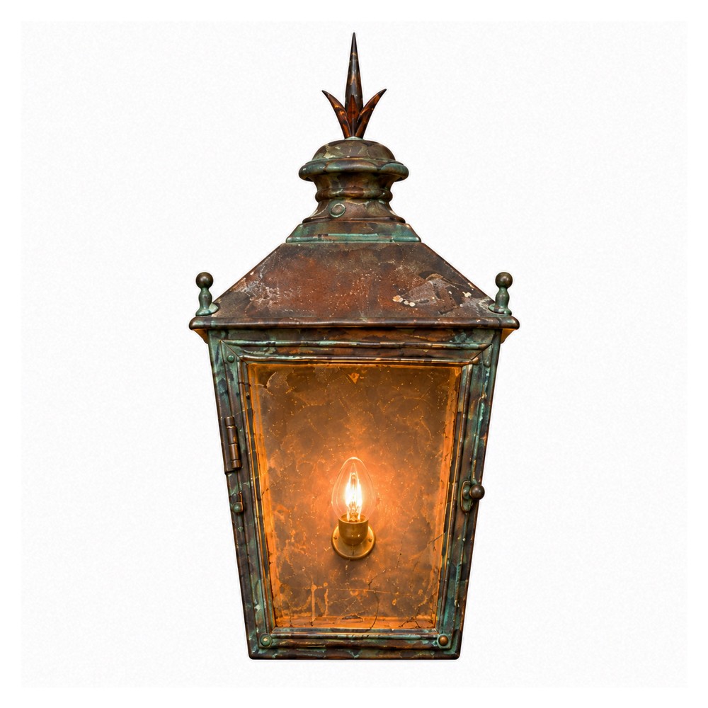 A nineteenth-century copper wall lantern with glazed panels, a tapered rectangular body, and a decorative finial on top.