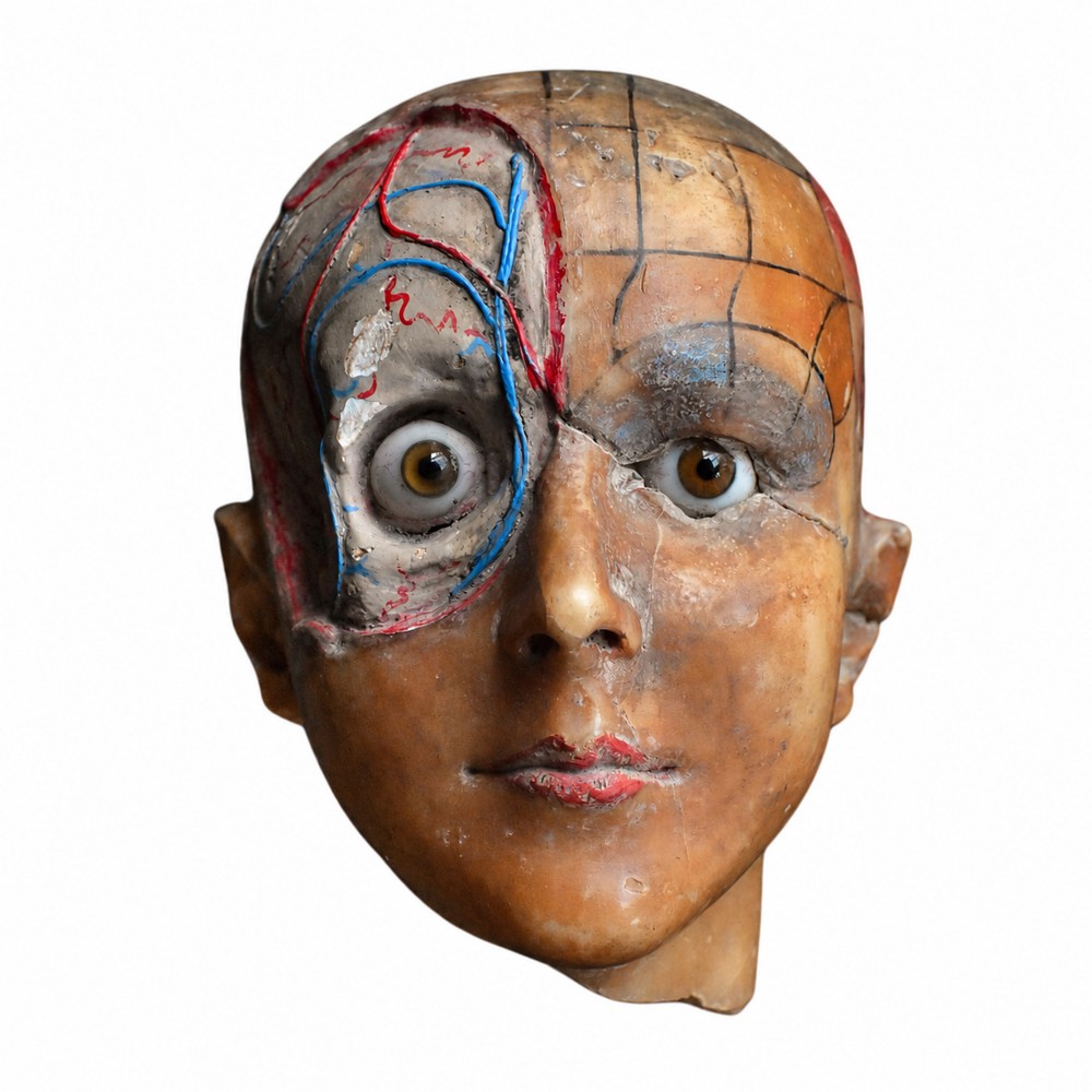 An early 20th-century wax anatomical head model featuring a painted phrenological grid on one side and exposed cranial and ocular structures with glass eyes on the other.