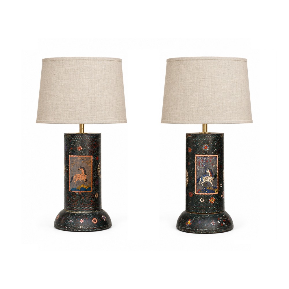 A pair of late 19th-century cylindrical dark enamel table lamps decorated with painted horse motifs and beige drum shades.