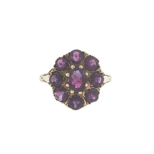 VINTAGE 9CT YELLOW GOLD AMETHYST CLUSTER RING LONDON 1975