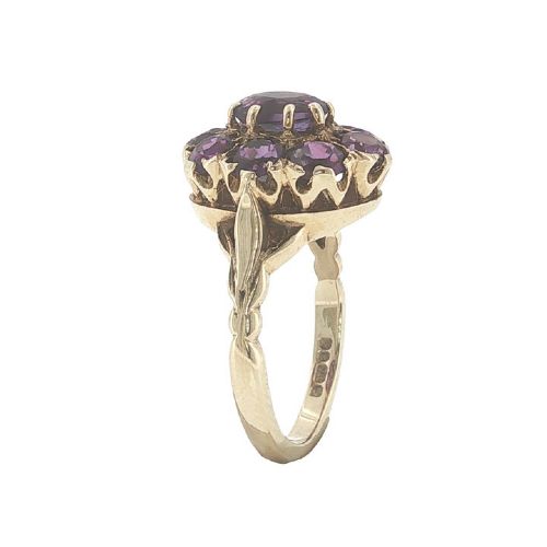 VINTAGE 9CT YELLOW GOLD AMETHYST CLUSTER RING LONDON 1975 - ADDITIONAL PHOTO 1