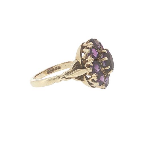 VINTAGE 9CT YELLOW GOLD AMETHYST CLUSTER RING LONDON 1975 - ADDITIONAL PHOTO 3