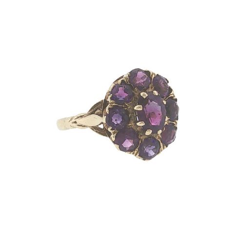 VINTAGE 9CT YELLOW GOLD AMETHYST CLUSTER RING LONDON 1975 - ADDITIONAL PHOTO 4