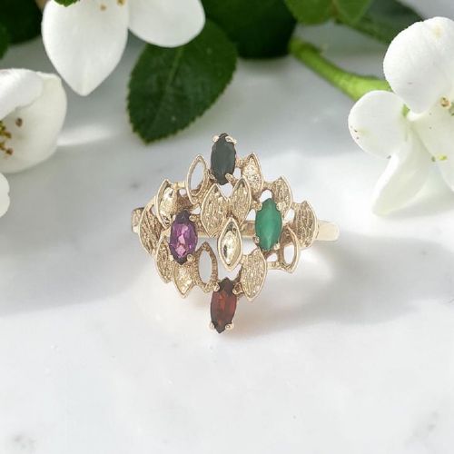 VINTAGE 9CT GOLD EMERALD SAPPHIRE AMETHYST AND GARNET RING