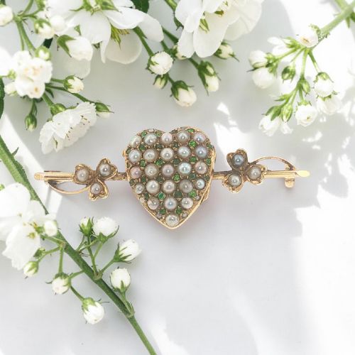 ANTIQUE 15CT GOLD PEARL GREEN GARNET HEART LOCKET BROOCH PRE 1932