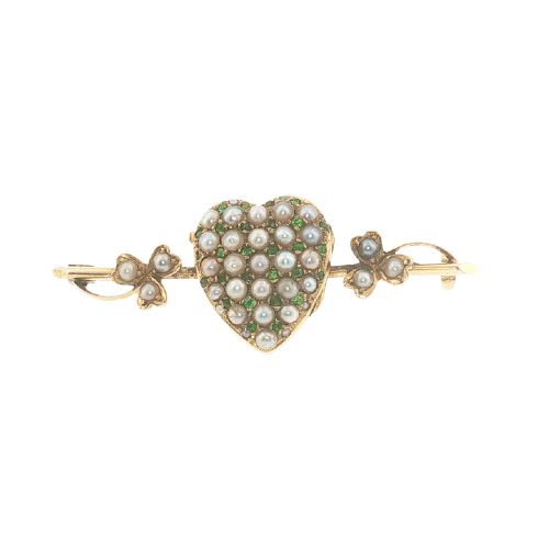 ANTIQUE 15CT GOLD PEARL GREEN GARNET HEART LOCKET BROOCH PRE 1932 - ADDITIONAL PHOTO 1