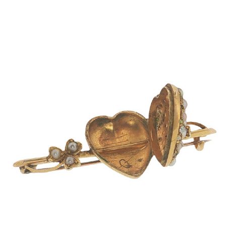 ANTIQUE 15CT GOLD PEARL GREEN GARNET HEART LOCKET BROOCH PRE 1932 - ADDITIONAL PHOTO 3