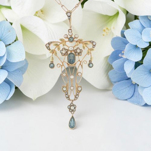 ANTIQUE ART NOUVEAU 15CT GOLD AQUAMARINE SEED PEARL PENDANT NECKLACE C1900