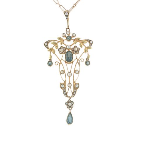 ANTIQUE ART NOUVEAU 15CT GOLD AQUAMARINE SEED PEARL PENDANT NECKLACE C1900 - ADDITIONAL PHOTO 1