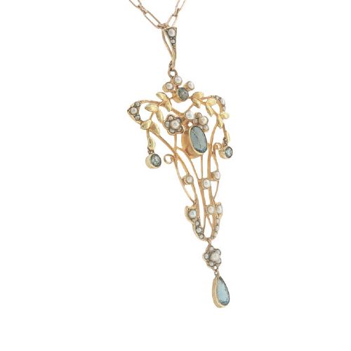ANTIQUE ART NOUVEAU 15CT GOLD AQUAMARINE SEED PEARL PENDANT NECKLACE C1900 - ADDITIONAL PHOTO 2