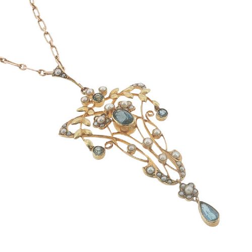 ANTIQUE ART NOUVEAU 15CT GOLD AQUAMARINE SEED PEARL PENDANT NECKLACE C1900 - ADDITIONAL PHOTO 3