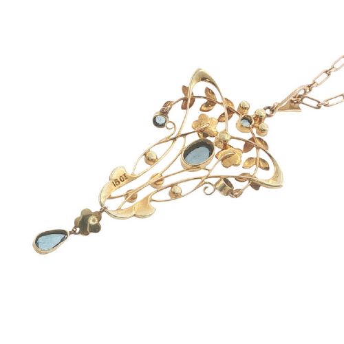 ANTIQUE ART NOUVEAU 15CT GOLD AQUAMARINE SEED PEARL PENDANT NECKLACE C1900 - ADDITIONAL PHOTO 4